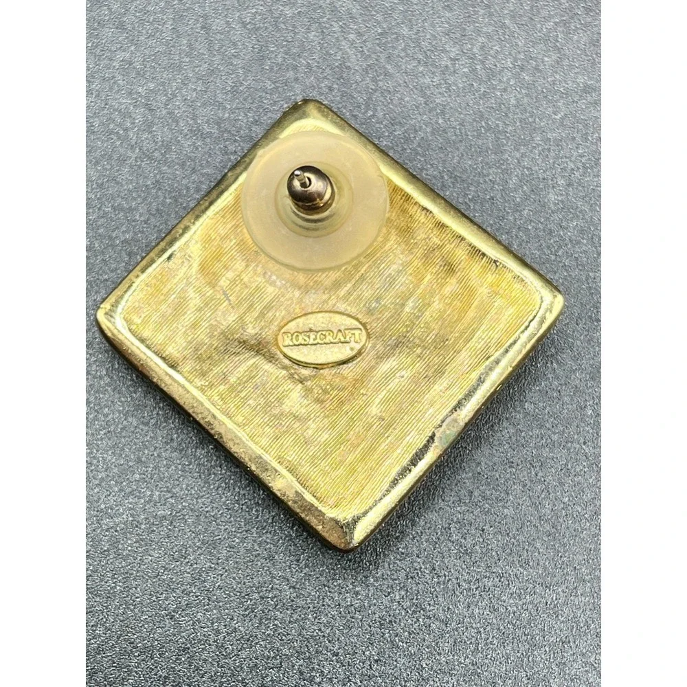 Rosecraft Gold‎ Tone Square Black Enamel Coin Motif Stud Earrings Jewelry Vtg